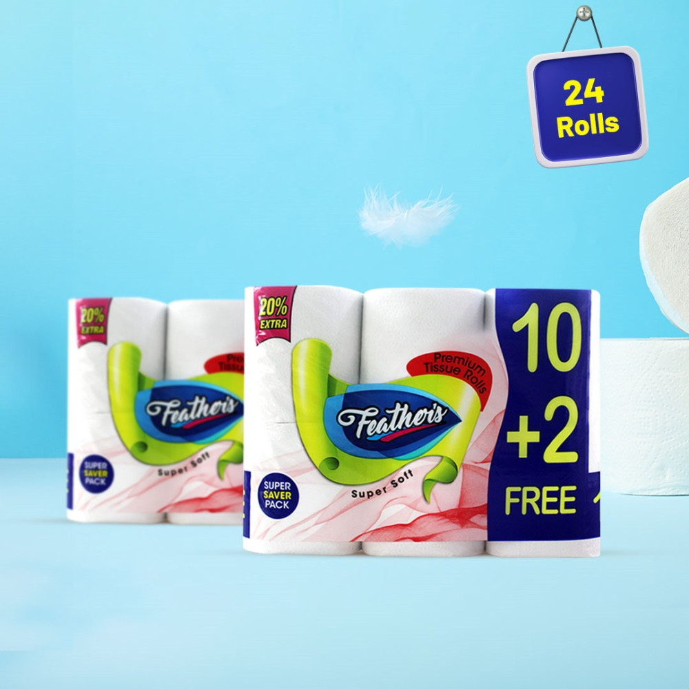 Feather's 2 Ply Natural Toilet Tissue Roll Ultra-soft with 2880 Pulls (10+2 Free Super Saver Pack Tissue Roll in 2 Pack)